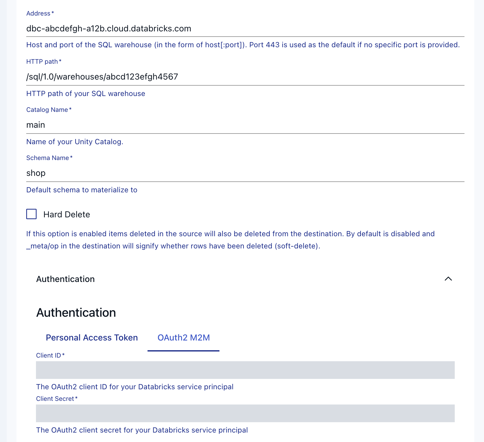 Databricks endpoint form with OAuth2 M2M selected and secrets redacted.