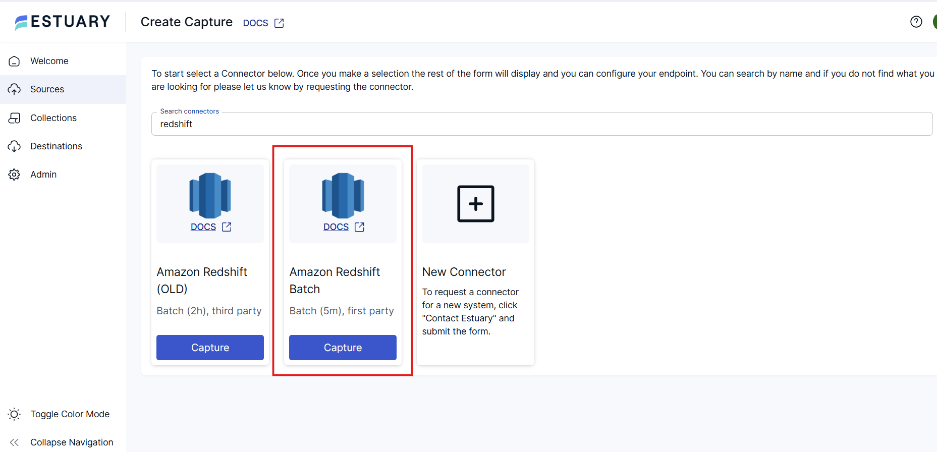 Amazon Redshift Batch Capture Connector Selection