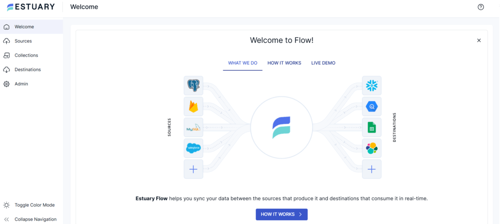 redshift to iceberg - estuary main dashboard