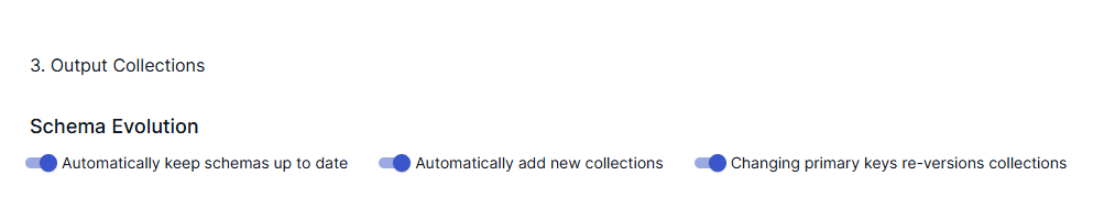 Estuary's UI for Schema Evolution, with the options to automatically keep schemas up to date, add new collections, and have changes to primary keys re-version collections selected.