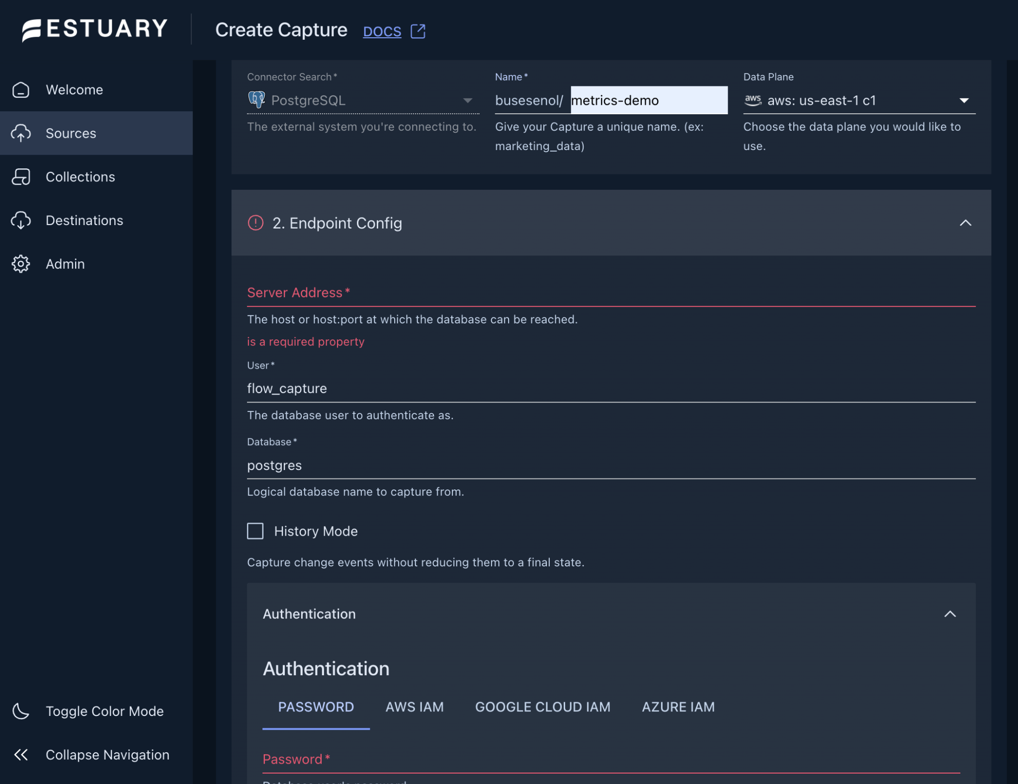 Estuary "Create Capture" form showing PostgreSQL connector configuration.