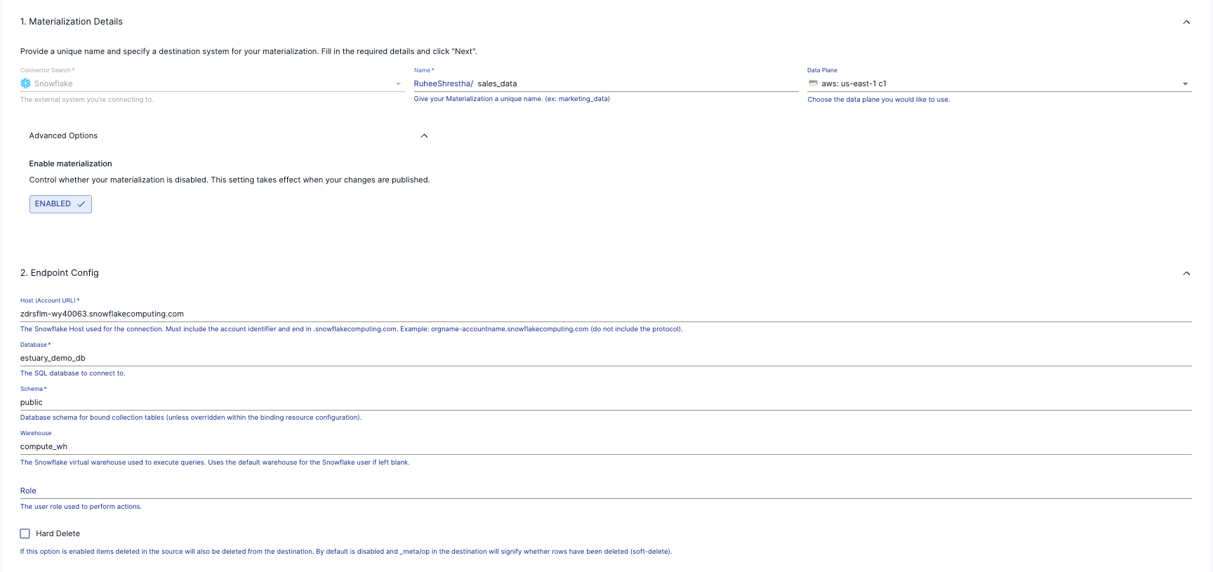Estuary materialization settings for Snowflake connection and warehouse.png