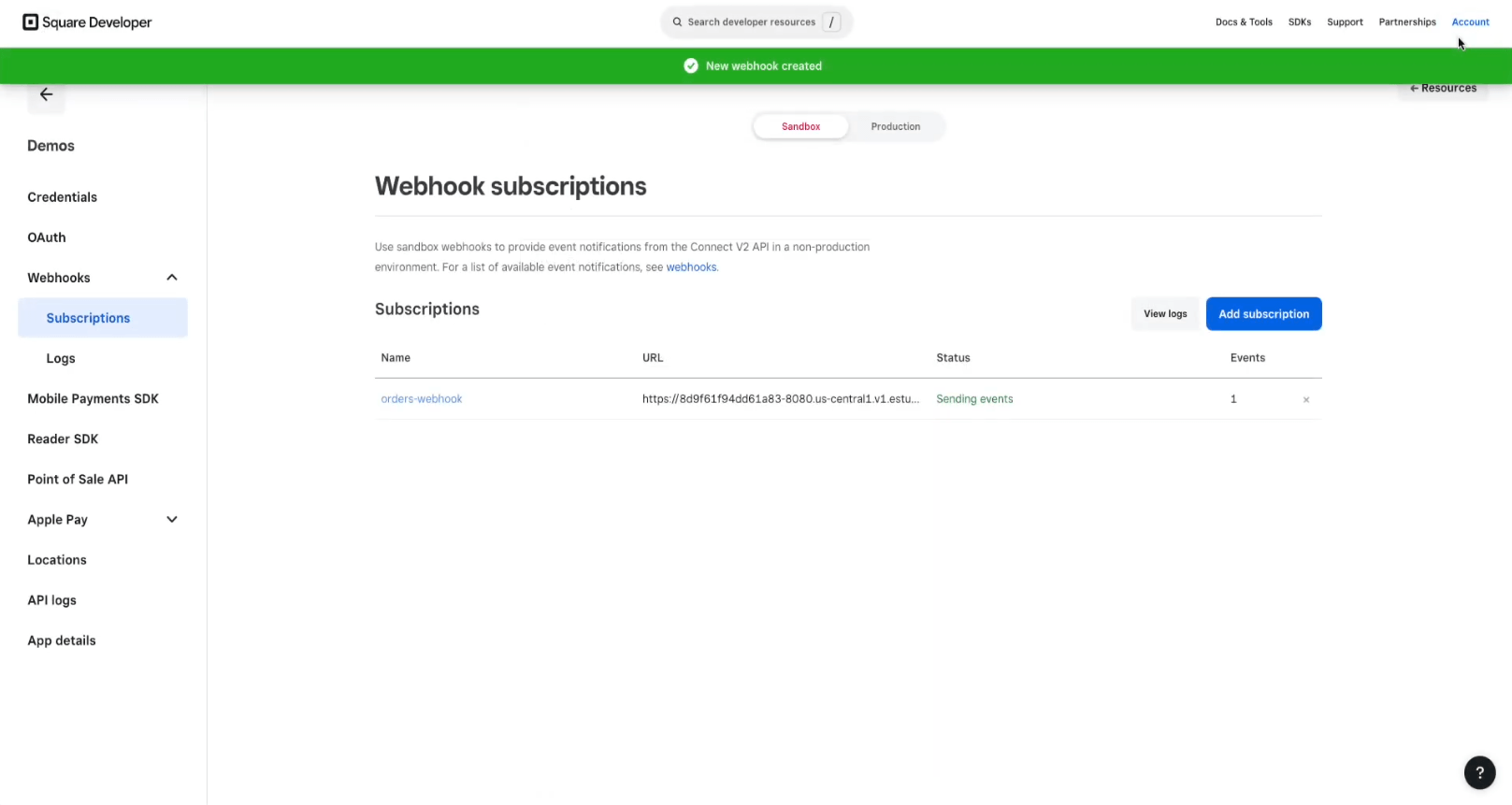 Set up a webhook subscription in Square