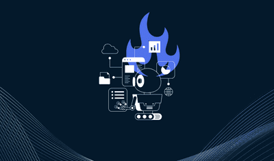 Thin, wavy teal and blue lines goes across the bottom of the image. In the middle is a stencil-drawn style robot with a blue flame above its head as it works on screens.