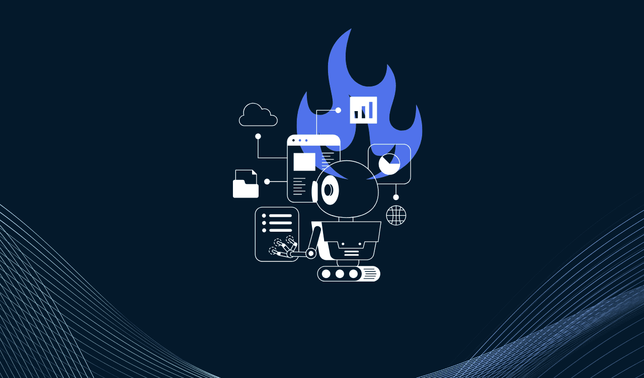 Thin, wavy teal and blue lines goes across the bottom of the image. In the middle is a stencil-drawn style robot with a blue flame above its head as it works on screens.