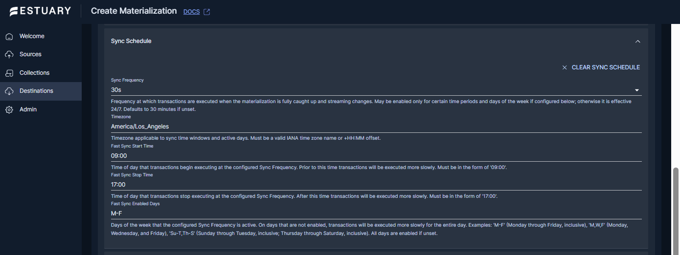 Estuary BigQuery materialization sync schedule settings
