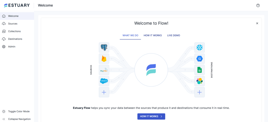 Postgres to Iceberg - Estuary main dashboard